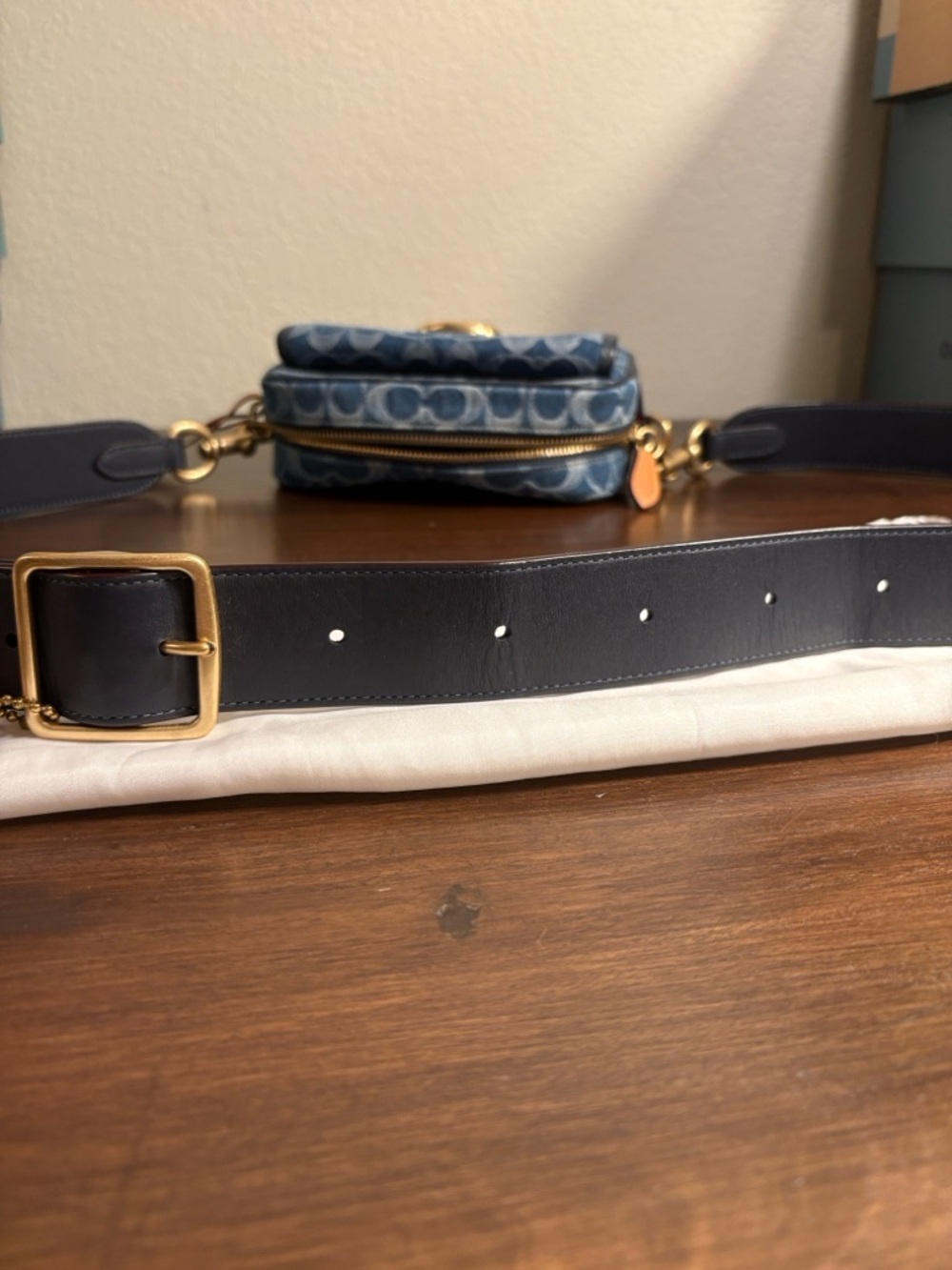 Coach Blue Denim Signature C  Crossbody Bag with Tan Accents - Picture 12 of 15